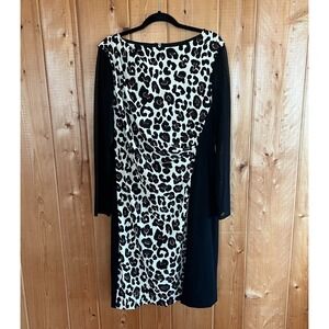 Anne Klein Womens Dress Black Tan Animal Print Sheer Sleeve Ruched Size 16‎
